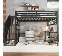 Cama nido de 120x200 cm con escritorio y estante, cama alta con escalera, cama infantil de metal con barandillas de seguridad, litera negra