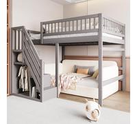 Cama nido de 140x200 cm con barandillas de seguridad, cama alta con escalera, barra para colgar ropa y estantes, cama infantil de dos plazas con somier, color gris
