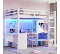 Cama nido de 140x200 cm con escritorio y estantería, cama infantil/juvenil alta con luz LED y función de carga, litera doble blanca