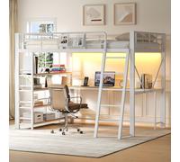 Cama nido de 140x200 cm con escritorio y puerto USB, cama alta con luces LED y estantería, cama juvenil para niños con cesta de almacenamiento, cama doble blanca