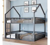 Cama nido de 140x200 cm de metal, color , con diseño de casa infantil, que incluye escalera, barandillas de seguridad y una zona inferior con una pequeña puerta