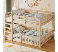 Cama nido de 160 x 200 cm con barandillas de seguridad, cama doble baja, 2 plazas, cama para niños, cama para adolescentes, cama para dormitorios, estilo natural, madera maciza