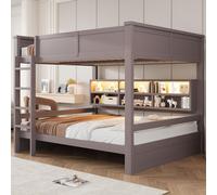 Cama nido de 160x200 cm con 6 armarios de almacenamiento, cabecero LED con cambio de color, barandilla de seguridad, fabricada en madera de pino y MDF, capacidad de carga de 200 kg, color marrón