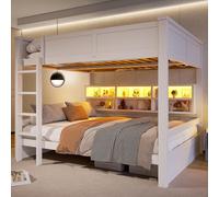 Cama nido de 160x200 cm con 6 armarios de almacenamiento, iluminación LED, barandillas de seguridad, 15+15 lamas, fabricada en madera de pino y MDF, color blanco