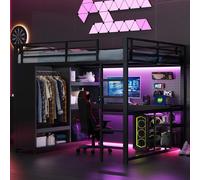 Cama nido de 160x200 cm con armario, cama alta para niños con luces LED, cama juvenil de metal con escritorio y estantería, cama doble negra