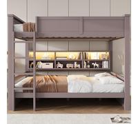 Cama nido de 160x200 cm con estante, cama alta para niños con escaleras y barandilla, cama doble para niños con protección anticaídas y somier, color marrón