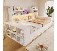 Cama nido de 90/180x200 cm con compartimentos y luz nocturna, cama infantil con cajones y toma de corriente, estructura de cama de madera blanca, sin colchón