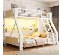 Cama nido de 90x200/140x200 cm con escalera, cama alta con estante, cama juvenil con espacio de almacenamiento e iluminación LED, color blanco, metal y madera