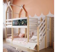 Cama nido de 90x200 cm, cama infantil con diseño de casa en árbol, fabricada en madera maciza de pino y MDF, con pizarra, escalera con espacio de almacenamiento, cajones y barandillas de seguridad