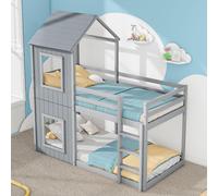 Cama nido de 90x200 cm, cama infantil con diseño de casa, que incluye escalera, dosel y barandilla de seguridad, con acceso directo al suelo, fabricada en pino y MDF, color gris