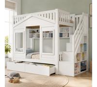 Cama nido de 90x200 cm con 2 cajones, cama infantil tipo casita con estantes, cama alta individual con escalera y somier, litera de madera blanca