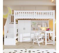 Cama nido de 90x200 cm con armario, cama alta infantil con estantería y escritorio, cama infantil con escalera de almacenamiento, cama superpuesta individual blanca
