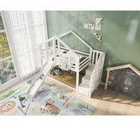 Cama nido de 90x200 cm con barandilla de protección, diseño de casa en árbol con cajón y 2 somieres, Cama nido infantil (con colchón) - blanca