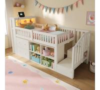 Cama nido de 90x200 cm con barandillas, cama alta para niños con función de almacenamiento, cama alta para niños con cajones y compartimentos, litera de madera blanca