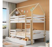 Cama nido de 90x200 cm con barandillas de seguridad, cama tipo casa para niños con escalera y cajones, cama alta para 2 niños