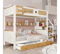Cama nido de 90x200 cm con colchón, cama infantil con escalera, tablero, estanterías y armario con estantes. Cama nido con forma de casa, con barandilla de seguridad y 2 cajones. Cama nido de madera m