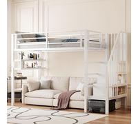 Cama nido de 90x200 cm con escalera, cama alta de metal con barandillas de seguridad, cama infantil/juvenil individual con estantería, litera blanca