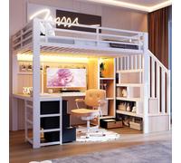 Cama nido de 90x200 cm con escritorio, cama infantil/juvenil con luces LED y cajones, cama alta de metal con somier, cama individual blanca