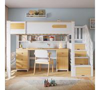 Cama nido de 90x200 cm con escritorio y cajones, cama infantil con estante colgante, cama alta con escalera y barandilla de seguridad, cama infantil de madera blanca