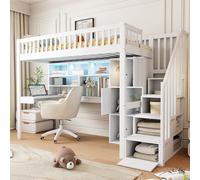 Cama nido de 90x200 cm con escritorio y estantería, cama alta con LED y armario, cama infantil/juvenil con cajones, litera individual blanca