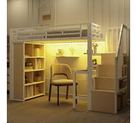 Cama nido de 90x200 cm con escritorio y estantería, cama alta de metal con luces LED, cama infantil con somier y barandilla de seguridad, cama juvenil blanca