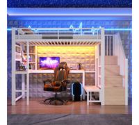 Cama nido de 90x200 cm con escritorio y panel perforado, cama alta para niños con puertos USB y Type-C, cama juvenil de metal con iluminación LED, cama individual blanca