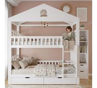 Cama nido de 90x200 cm de madera en blanco, tipo casa, con escalera, 2 cajones y un armario lateral