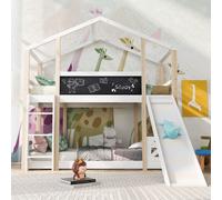 Cama nido de 90x200 cm para niños, con tobogán y pizarra, cama alta con barandillas de seguridad, cama con forma de casita y escalera, fabricada en madera maciza con somier para 2 niños