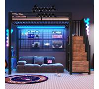 Cama nido de 90x200 con armario integrado y escalera con espacio de almacenamiento, cama juvenil con iluminación LED de 7 colores, estructura de cama con barandilla y estante de metal, sin colchón, co