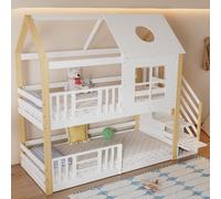 Cama nido de 90x200 con escalera de almacenamiento, casa de cama con ventana y techo, color blanco natural, pino, MDF