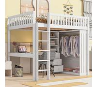 Cama nido de dos plazas de 140x200 cm con escritorio y armario, cama alta para niños con estantería, cama doble con somier, cama juvenil blanca