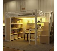 Cama nido de metal de 140x200 cm con escritorio y estantería, cama alta con iluminación LED, cama infantil con somier y barandilla de seguridad, cama juvenil blanca