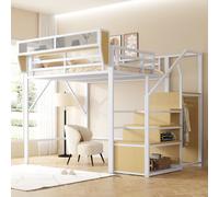 Cama nido de metal de 140x200 cm con estante desmontable, cama alta con armario, cama infantil/juvenil con somier, cama doble blanca