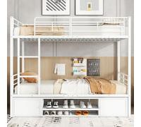 Cama nido de metal de 90x200 cm con estante para zapatos y armario, cama alta para niños con barandilla de seguridad y somier, cama individual para 2 niños, color blanco