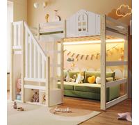 Cama nido Flieks de 140x200 cm con barandillas, cama infantil tipo casita con cortina, cama alta doble con somier y protección anticaídas, en madera natural