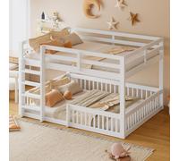 Cama nido Flieks de 160x200 cm con escalera, cama infantil con base y barandilla de protección, cama alta de matrimonio con barandillas, color blanco