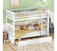 Cama nido Flieks de 90x200 cm con barandillas de seguridad, cama infantil con escalera y somier, cama alta con 2 cajones, cama individual tipo litera, cama de madera maciza, color blanco