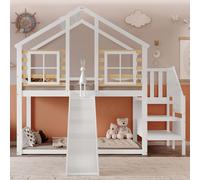 Cama nido Flieks de 90x200 cm con barandillas de seguridad, cama infantil con tobogán, cama alta con escalera y somier, cama con forma de casa, color blanco