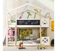 Cama nido Flieks de 90x200 cm para niños, con somier y barandilla, tipo casita con escalera, cama alta con protección anticaídas, fabricada en madera maciza para 2 niños
