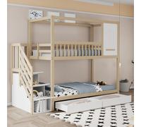 Cama nido Fortuna Lai para niños, 90*200 cm, cama doble de madera maciza, diseño en forma de casa con ventanas, barandilla de seguridad, con cajones de almacenamiento y escalera de seguridad, color ma