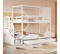 Cama nido Fortuna Lai para niños, 90*200 cm, cama doble de madera maciza, diseño en forma de casa con ventanas, barandilla de seguridad, con cajones de almacenamiento y escalera de seguridad, color bl