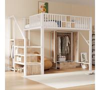 Cama nido infantil de 140 x 200 con diseño de barandilla y barrotes de metal, estructura de la cama con escalera de almacenamiento, cajones y armario, sin colchón, color blanco
