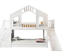 Cama nido infantil de 90 x 200 cm, con forma de casa y ventanas arqueadas, con escalera de almacenamiento y tobogán, cajones, cama doble, color blanco