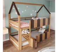 Cama nido infantil de 90x200 cm de madera, tipo litera con forma de casa, que incluye barandillas de seguridad, una escalera recta y una estructura de somier de madera en color natural