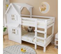 Cama nido infantil modelo "casa" de 90x200 cm, estructura sin colchón, cama infantil con ventana, cama nido infantil con barandilla de seguridad y techo, con somier, color blanco