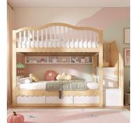 Cama nido infantil MODFU de 90x200 cm, cama alta con escalera, barandilla de seguridad y espacio de almacenamiento. Cama infantil moderna con compartimentos de almacenamiento, diseño en madera blanca 