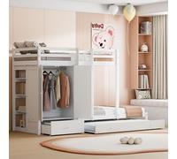 Cama nido infantil MODFU de 90x200 cm con cama extraíble de 90*190 cm, cama alta con barandillas de seguridad, litera de madera maciza con armario, cajones y estante, estructura de cama juvenil, color