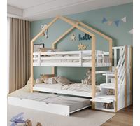 Cama nido infantil MODFU de 90x200 cm y 90x190 cm con 4 cajones, cama alta con barandilla de seguridad, estructura de cama de madera maciza, cama nido tipo casa con somier, cama juvenil, color natural