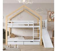 Cama nido Merax de 90x200 cm con barandillas de seguridad y cajones, cama infantil con tobogán y escalera, cama alta de madera maciza con forma de casa, color blanco