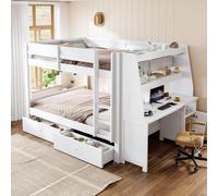 Cama nido MODFU de 140x200, cama juvenil con escritorio, 2 cajones y barandilla de seguridad. Cama alta para niños con espacio de almacenamiento y área de trabajo, sin colchón, color blanco